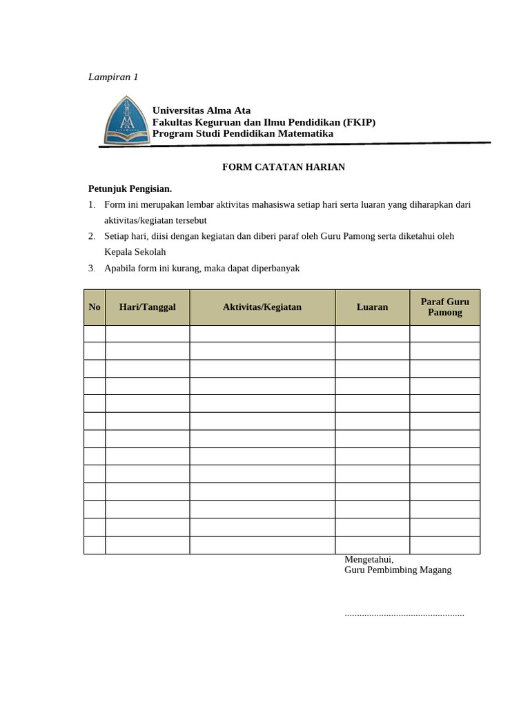 Formulir Magang Pendidikan Matematika | PDF