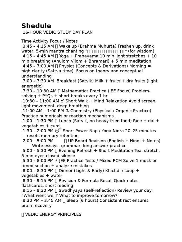 16-Hour Vedic Study Day Plan | PDF | Spiritual Practice | Meditation