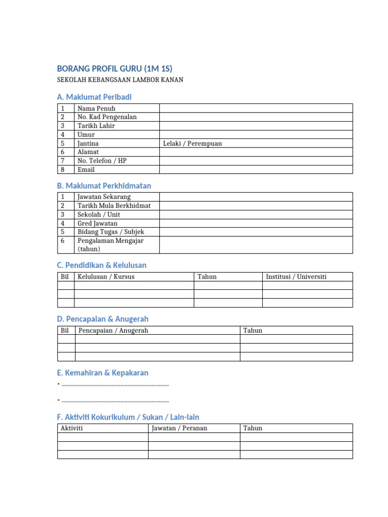 Borang Profil Guru SK Lambor Kanan | PDF