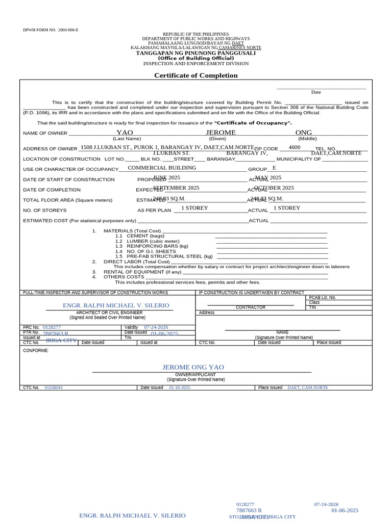 Certificate of Building Completion Form | PDF