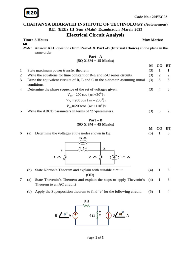 Electrical Circuit Analysis Exam 2023 | PDF | Electrical Engineering ...