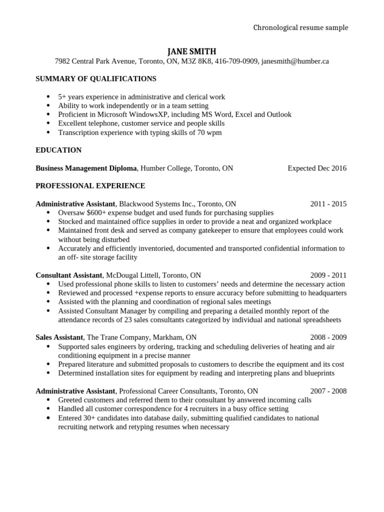 Chronological Resume Sample for Admin Roles | PDF