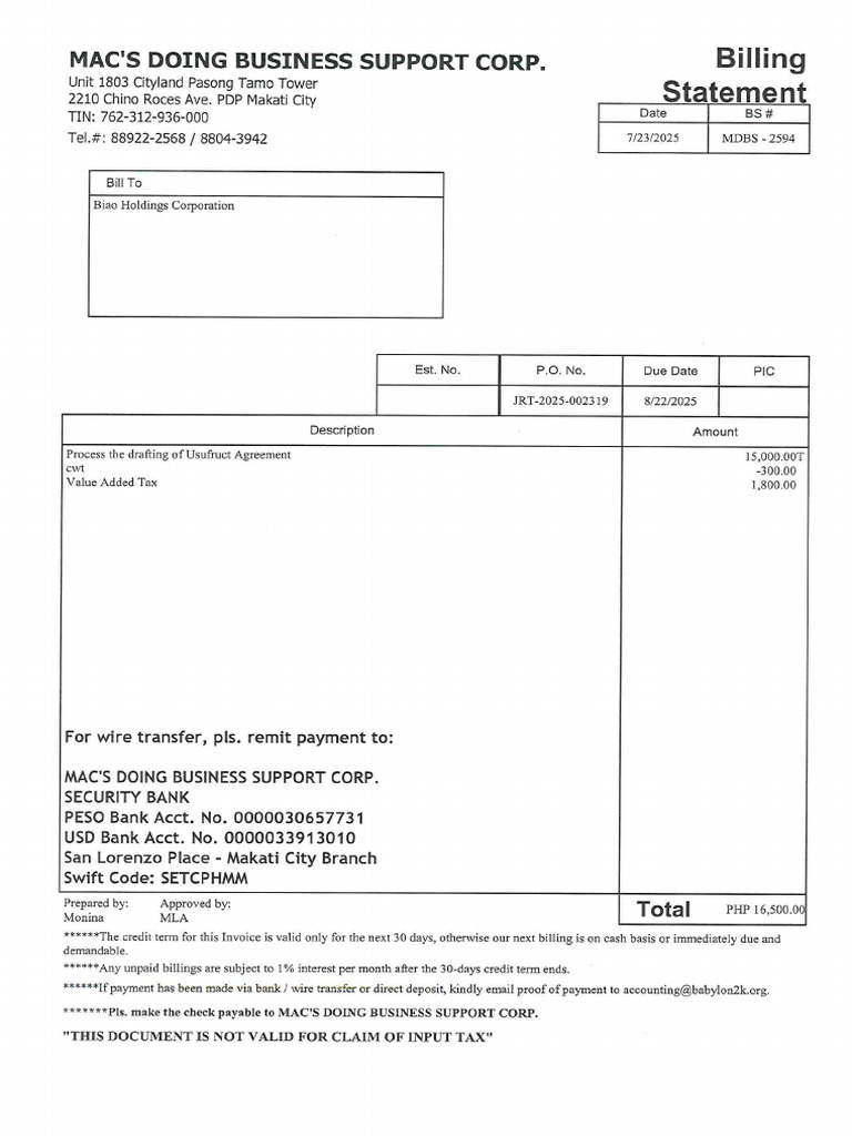 Biao Holdings - Billing Statement - Usufruct Agreement | PDF