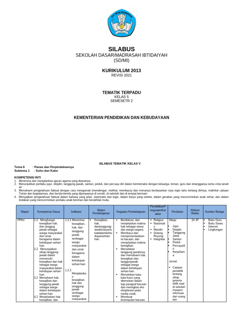 Silabus Tematik Kelas 5 SD/MI 2021 | PDF
