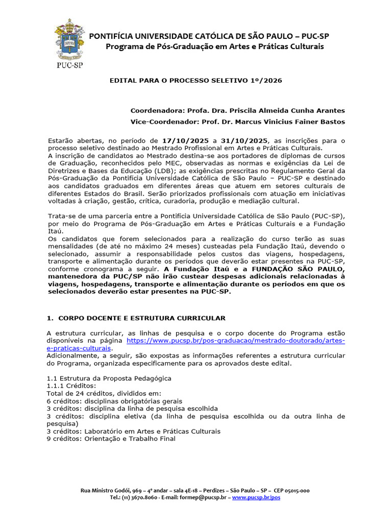 Edital Mestrado PUC-SP 1º/2026 | PDF | Pós-graduação