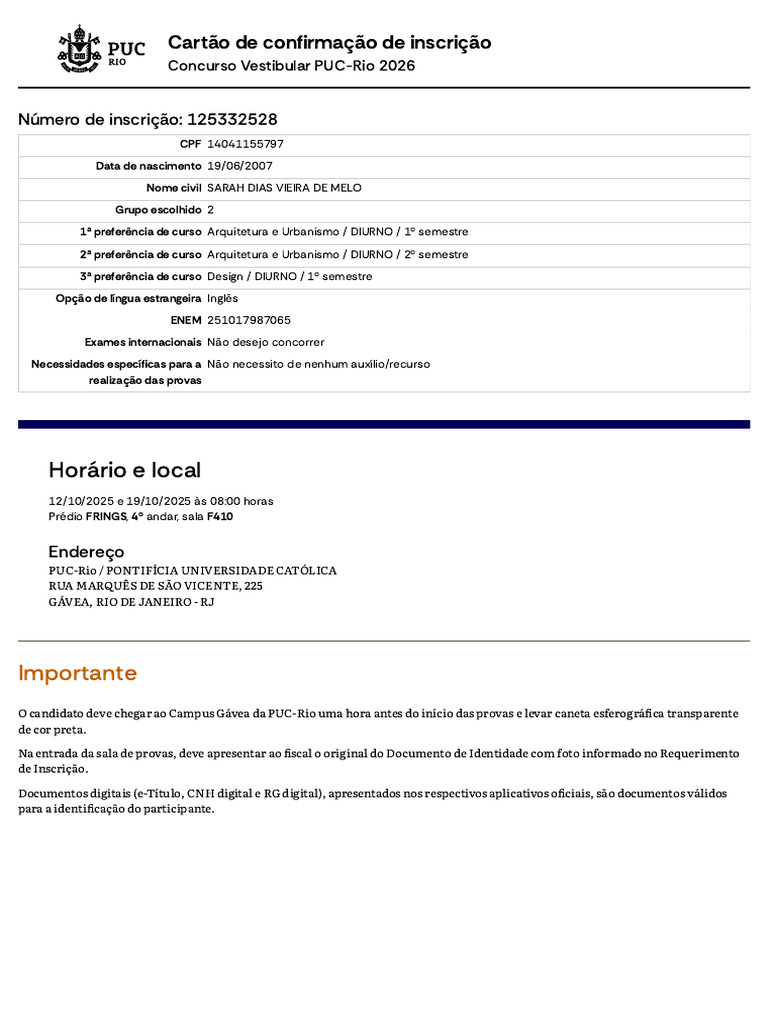PUC-Rio - Vestibular - Cartão de Confirmação de Inscrição (1) | PDF