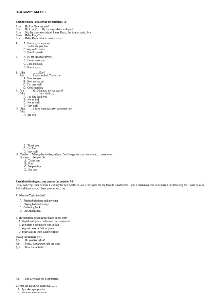 English Dialog Exercises for Grade 7 | PDF