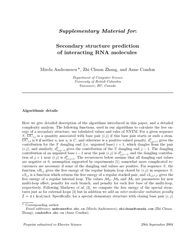 Secondary Structure Prediction of Interacting RNA Molecules | PDF ...