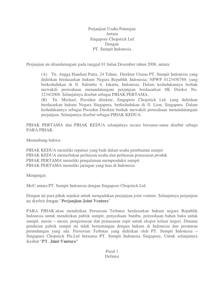 Contoh Perjanjian Joint Venture