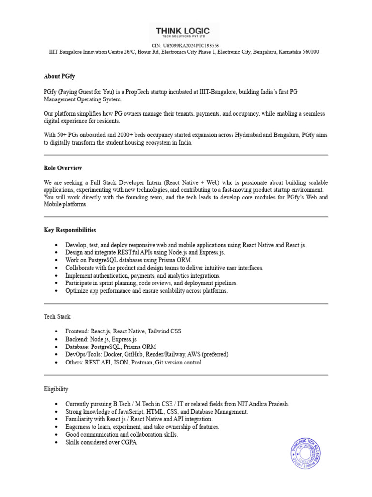 NIT PGfy FullStack Intern JD | PDF | Software Development | Information ...
