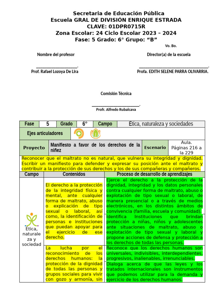 6to Grado Enero - 09 Manifiesto a favor de los derechos de la niñez ...