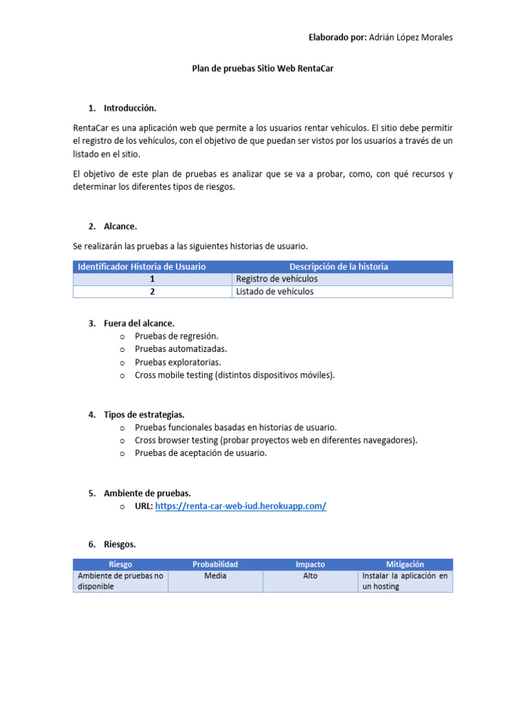 Plan de Pruebas para RentaCar Web | PDF