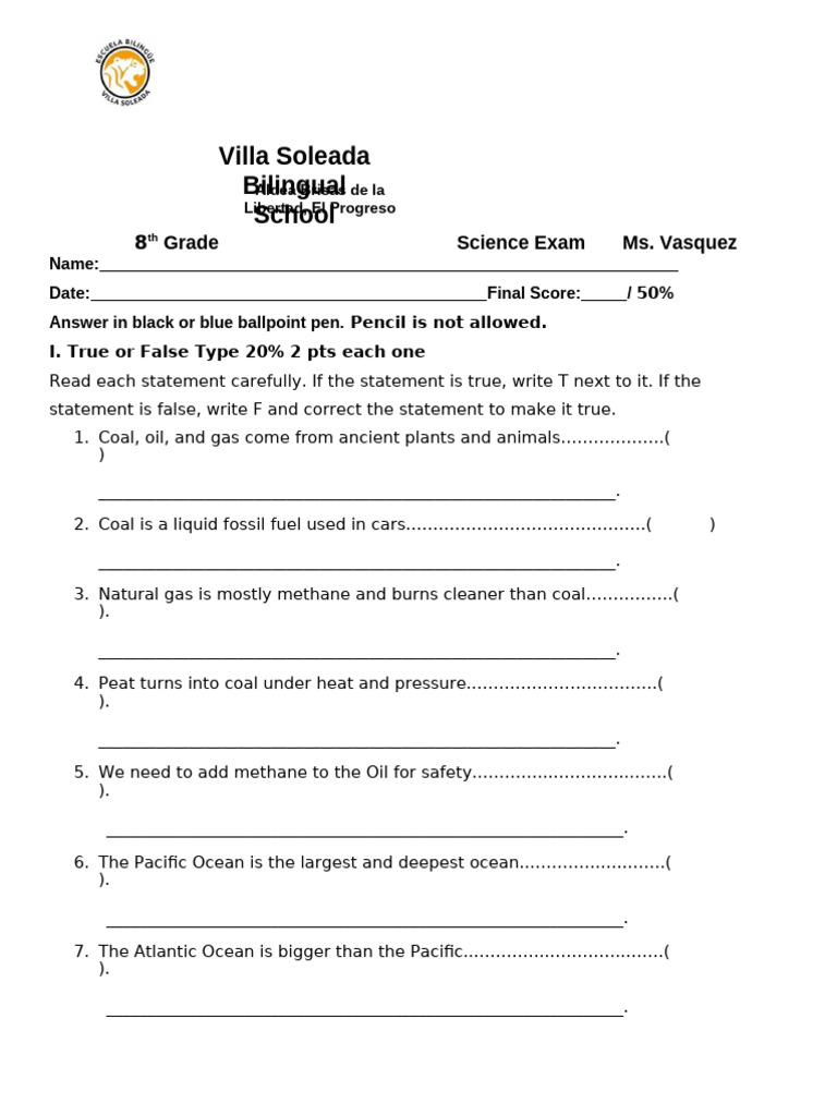8th Grade Science Exam I Partial 2025 | PDF | Fuels | Fossil Fuels