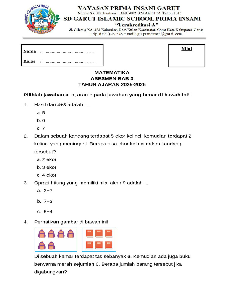 Asesmen Matematika Kelas 3 2025-2026 | PDF