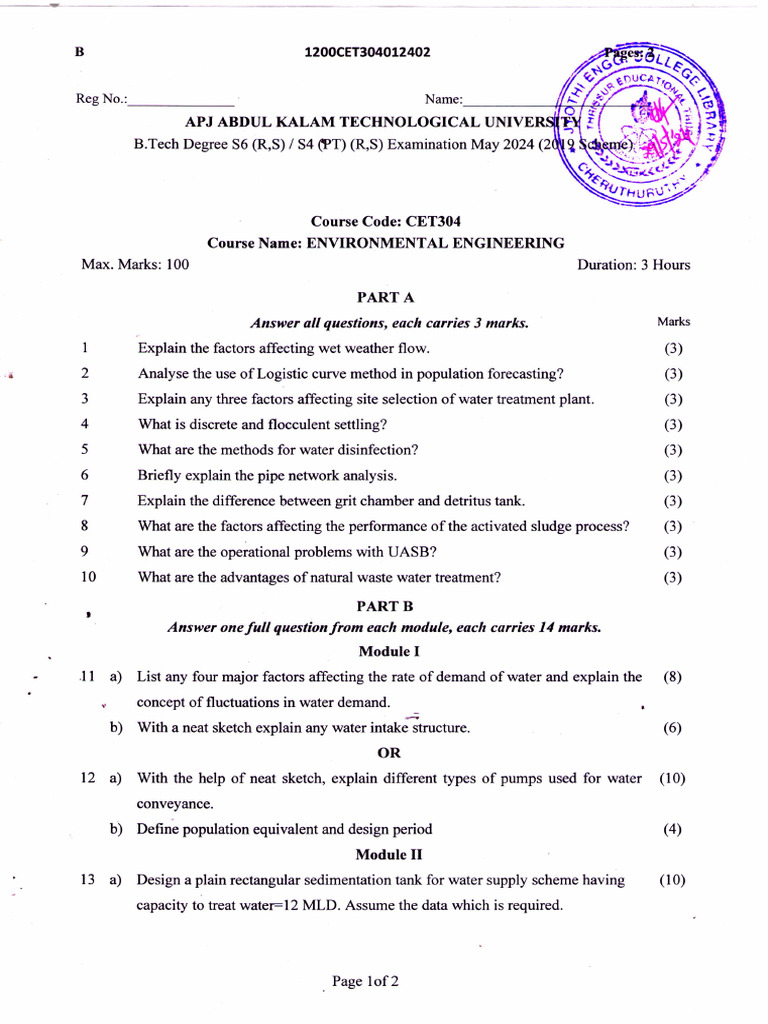 Environmental Engineering Exam May 2024 | PDF | Sewage Treatment ...