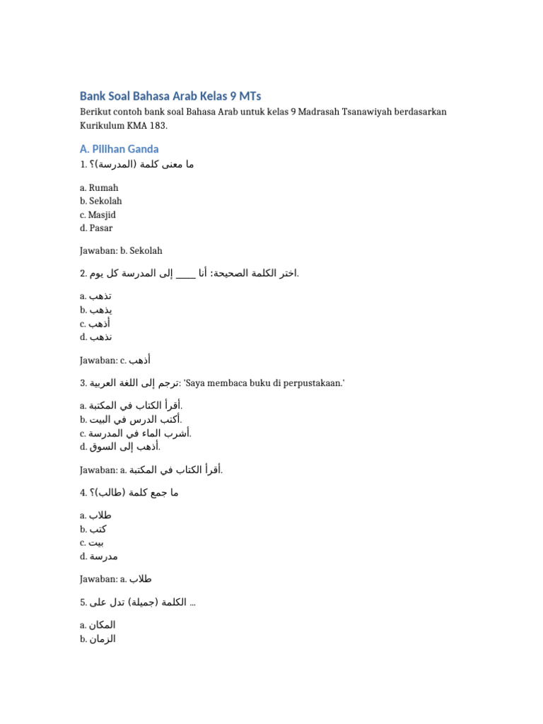Bank Soal Bahasa Arab Kelas 9 MTs | PDF