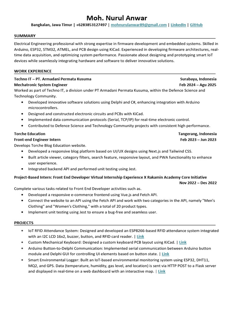 Electrical Engineer & IoT Developer Resume | PDF | Arduino | Internet ...
