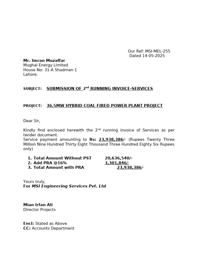 2nd Running Invoice for Power Plant Services | PDF