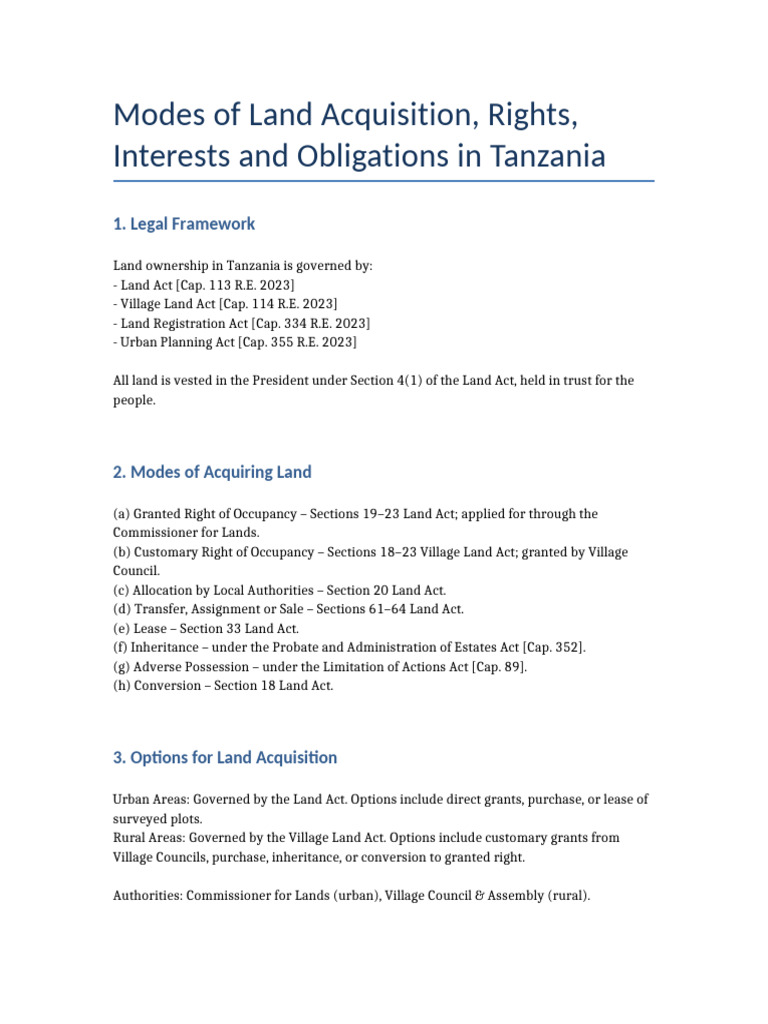 Land Acquisition and Rights in Tanzania | PDF | Adverse Possession ...