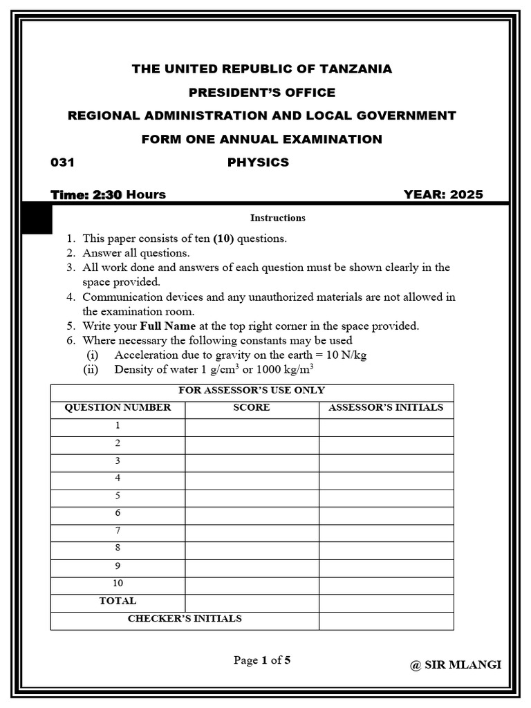 Form One Physics Exam Paper 2025 | PDF | Force | Acceleration