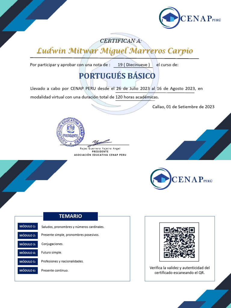 Certificado de Portugués Básico CENAP PERU | PDF