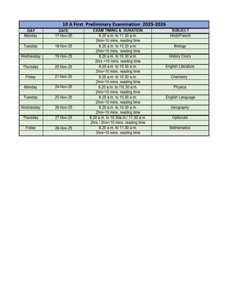 2025-26 First Preliminary Exam Schedule | PDF