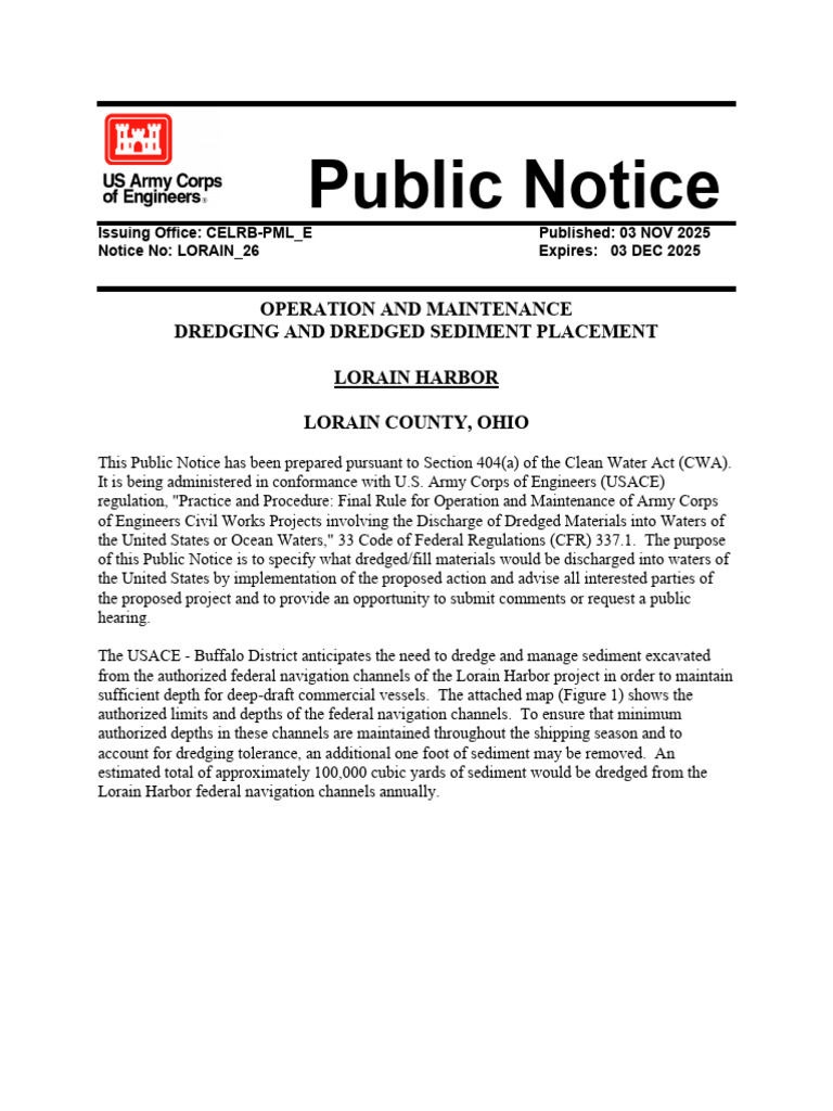 Lorain Harbor Dredging Public Notice | PDF | Clean Water Act | Dredging