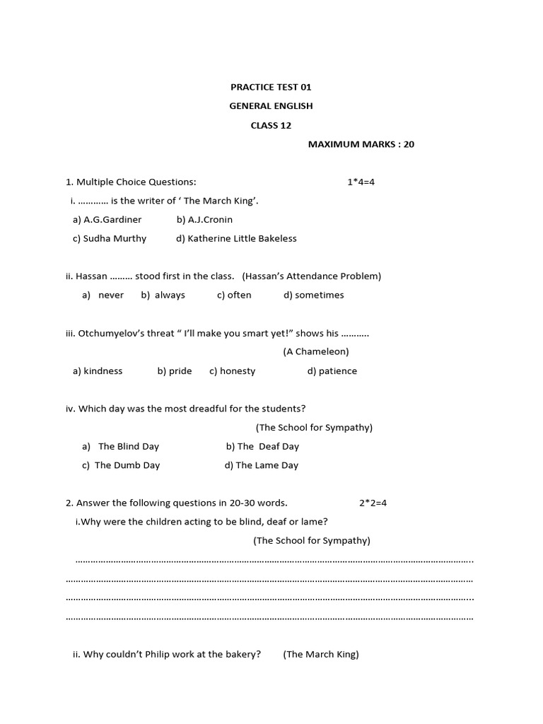 Class 12 General English Practice Test | PDF | Grammar | Syntax