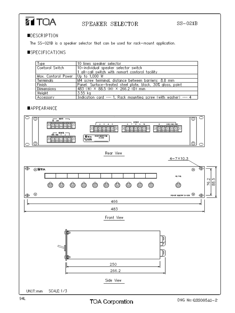 SS 021B Speaker Selector Specification | PDF
