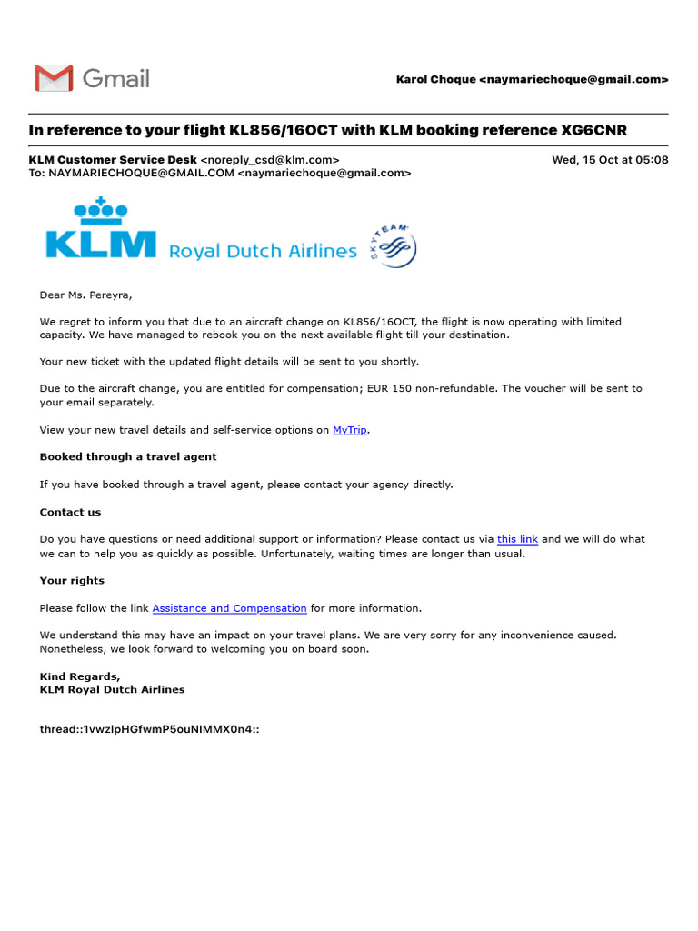 Flight KL856:16OCT With KLM Booking Reference XG6CNR | PDF