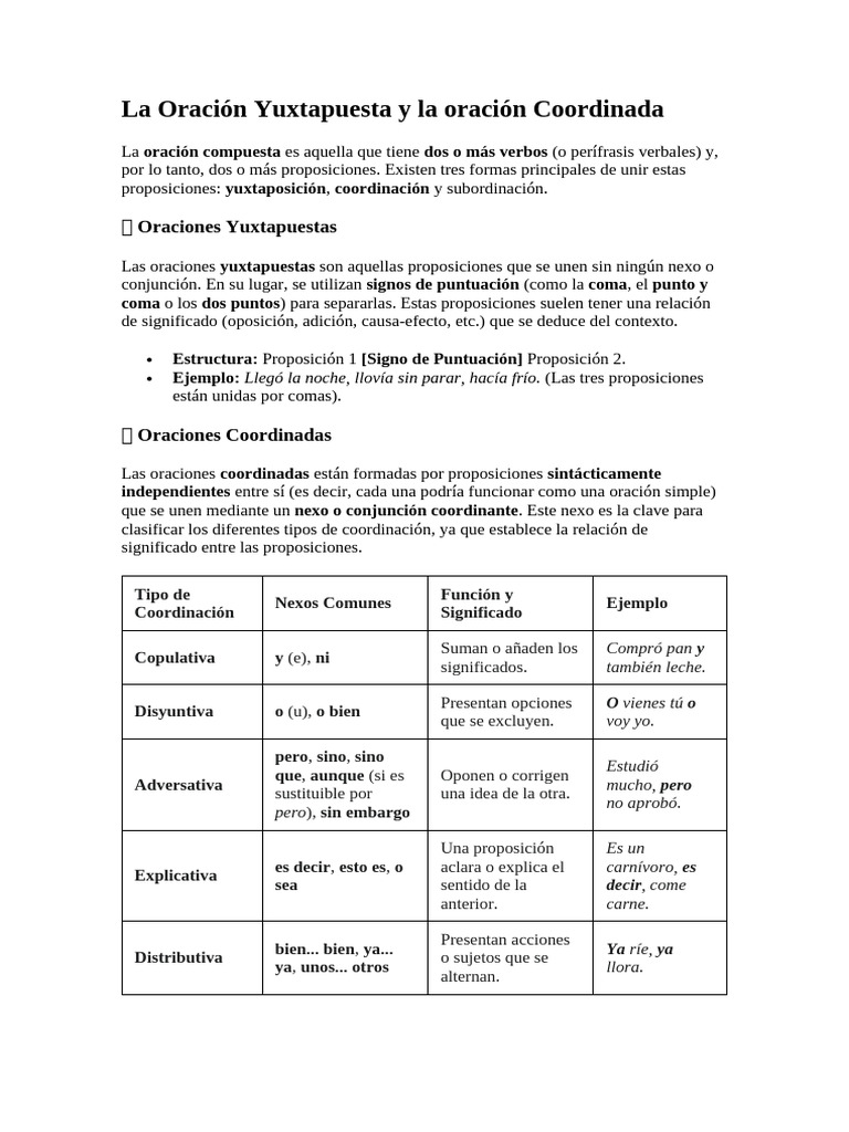 Oraciones Yuxtapuestas y Coordinadas | PDF | Oración (Lingüística ...