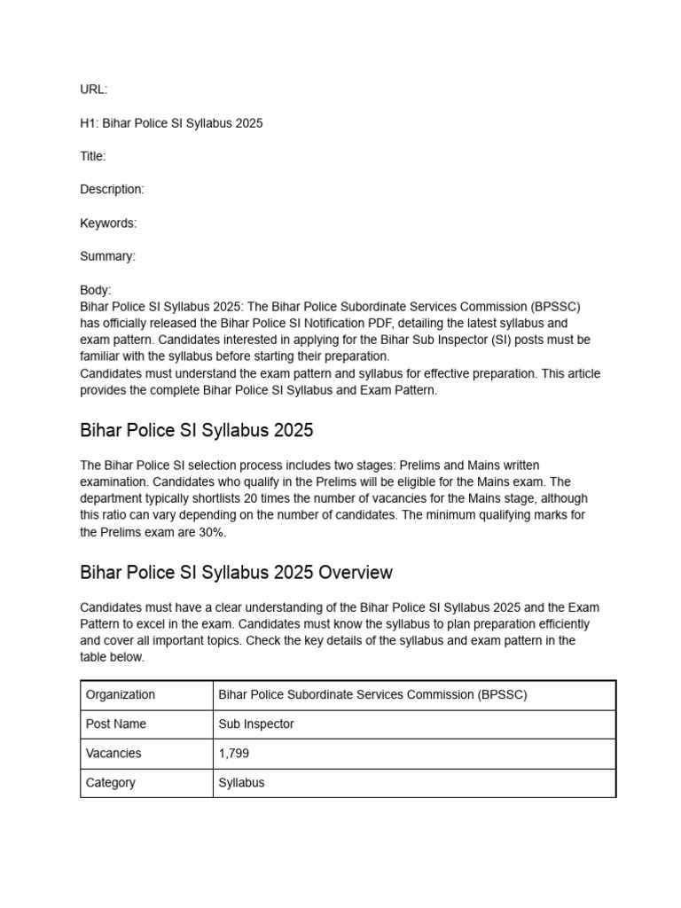Bihar Police SI Syllabus 2025 Guide | PDF | Multiple Choice | Linguistics