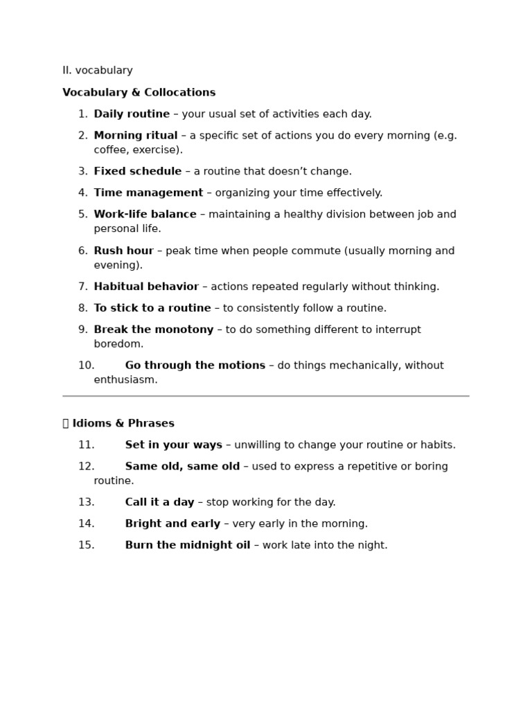 Essential Vocabulary for Daily Routines | PDF