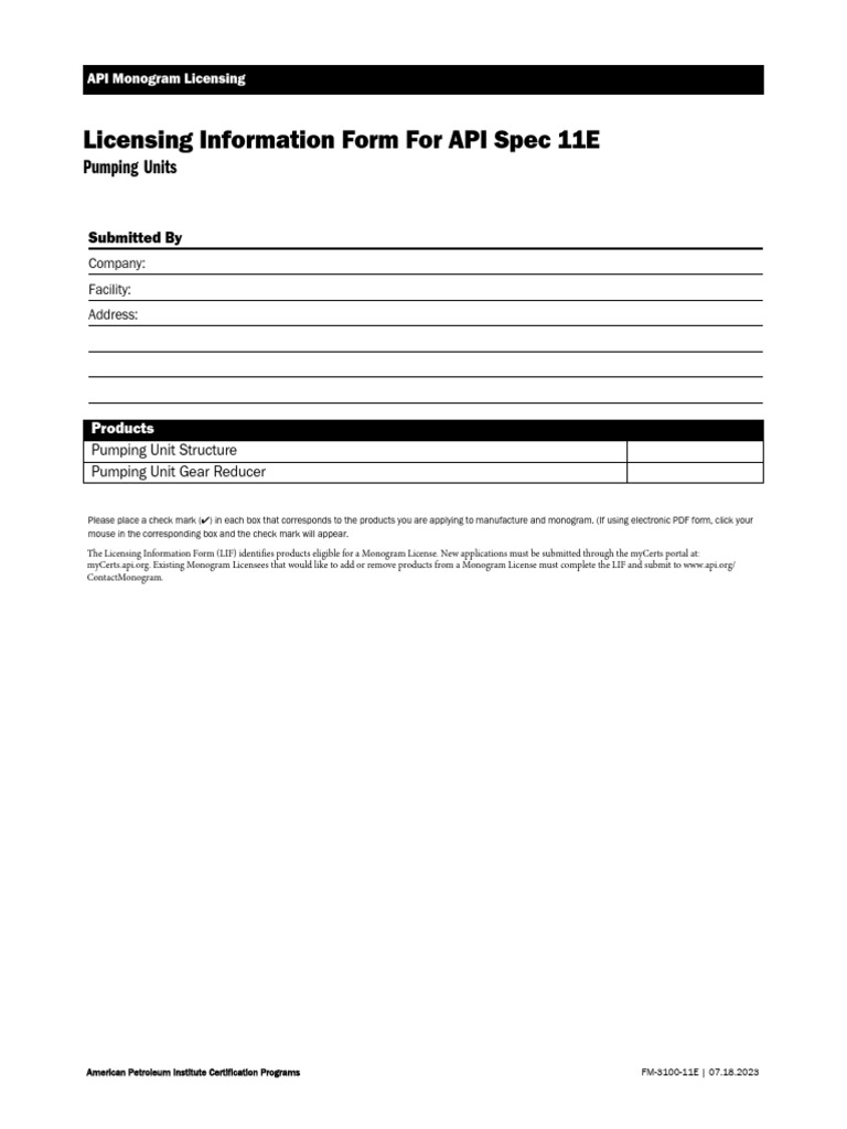API Spec 11E Licensing Form Guide | PDF