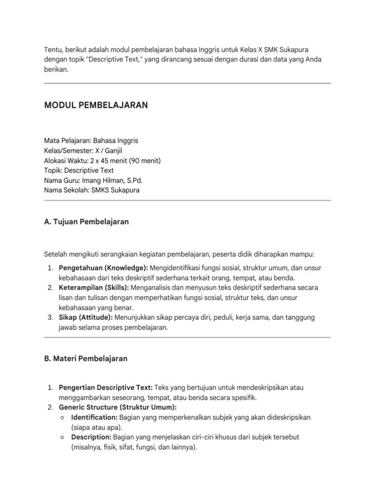 Modul Descriptive Text Kelas X SMK | PDF