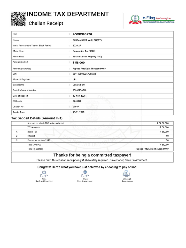 BSR Code 0240020 Tax Payment Receipt | PDF | Taxes | Money