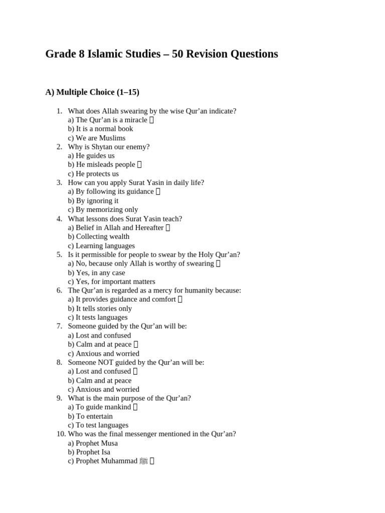 Grade 8 Islamic Education Assessment 1 Revision Sheets | PDF | Quran ...