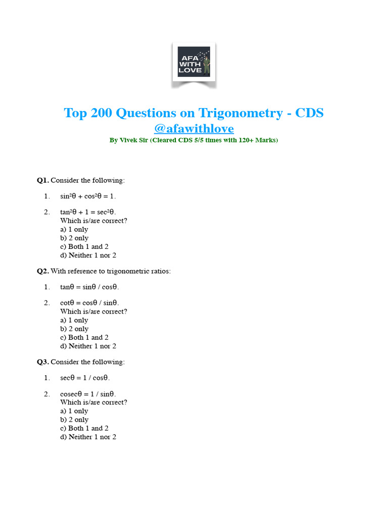 Top 200 Trigonometry Questions for CDS | PDF | Trigonometry ...