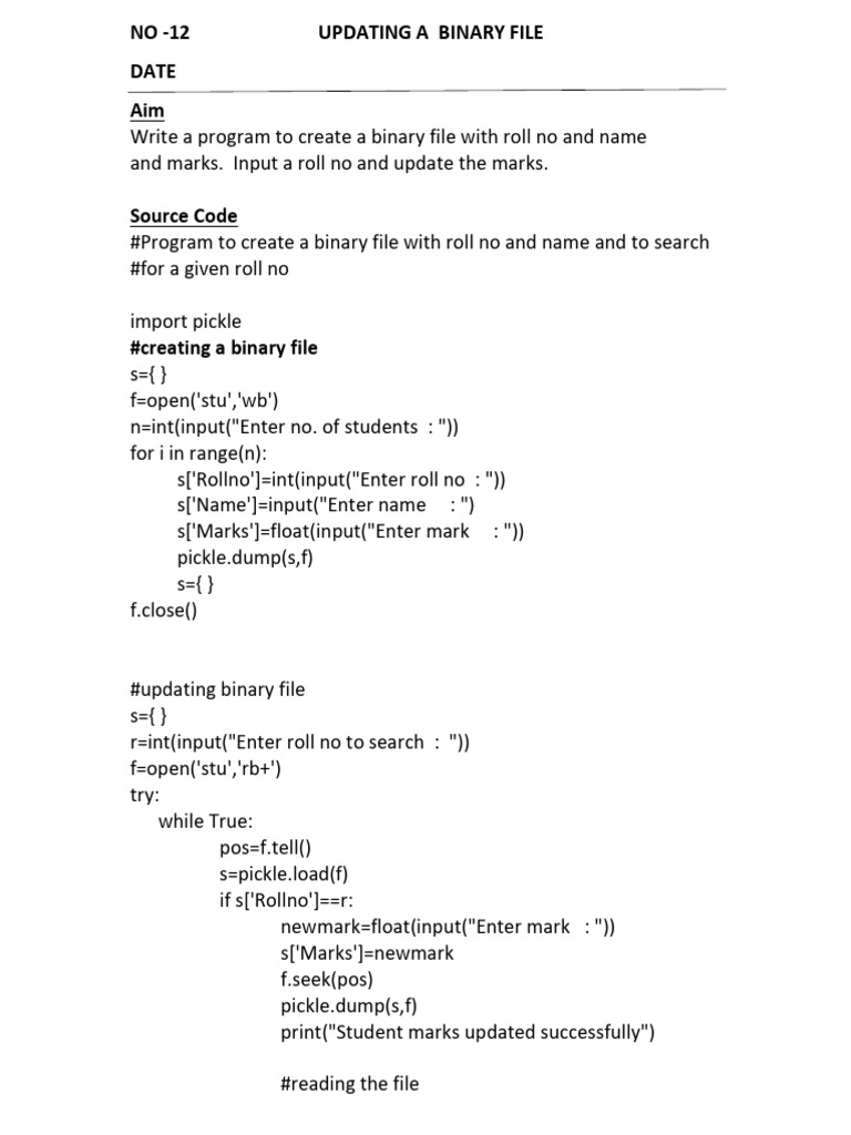 Update Student Marks in Binary File | PDF