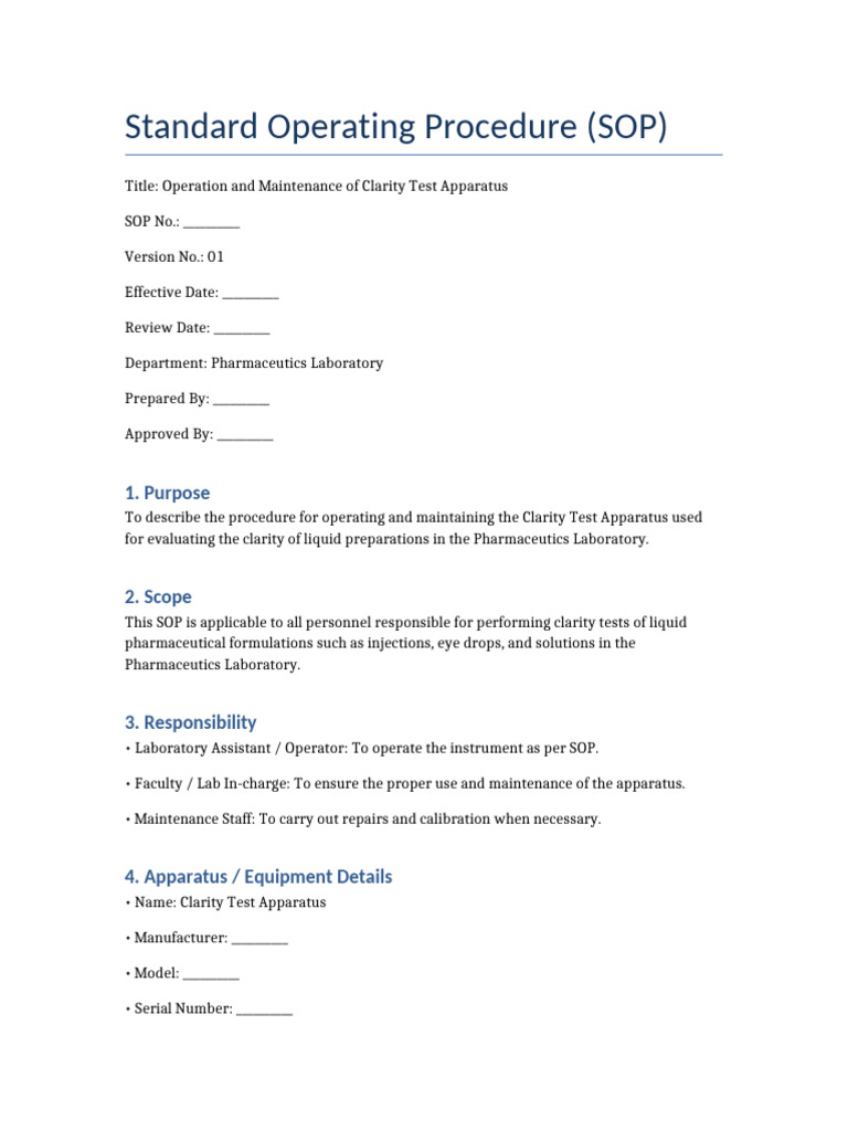Clarity Test Apparatus SOP Guide | PDF | Laboratories
