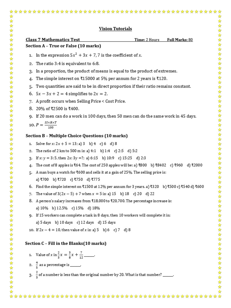 Class 7 Mathematics Test Sheet | PDF | Ratio