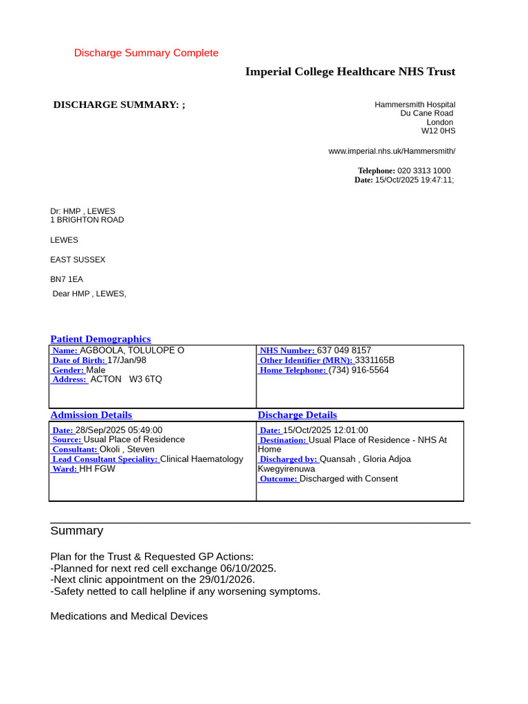Discharge Summary for Agboola, Tolu | PDF | Thrombosis | Medical ...
