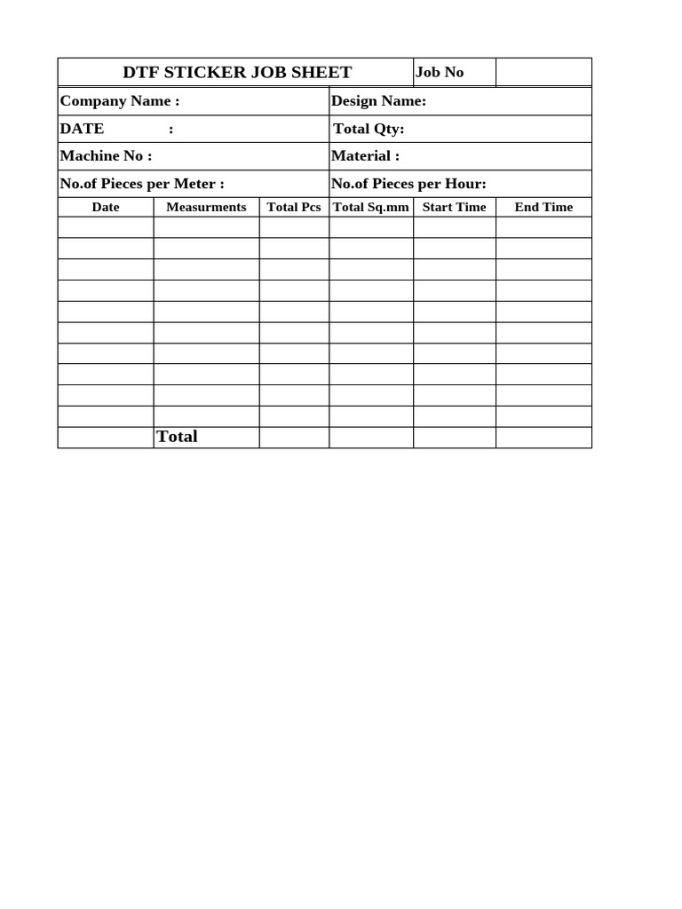 DTF Sticker Job Sheet Template | PDF