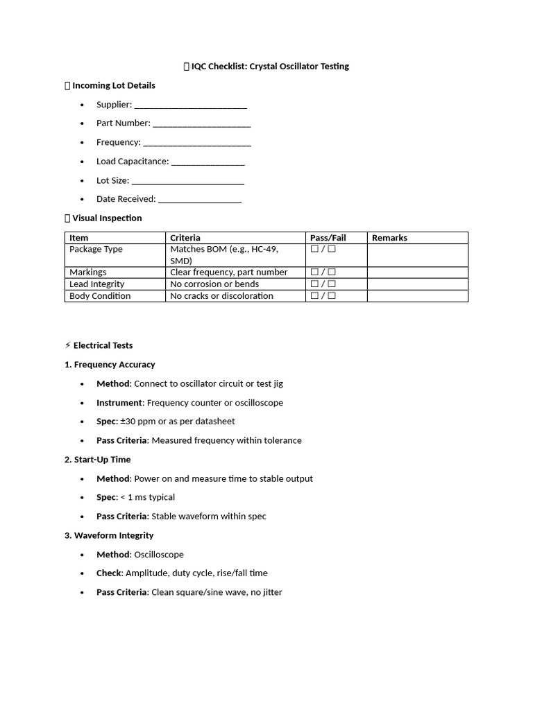 Crystal Oscillator Testing Checklist | PDF
