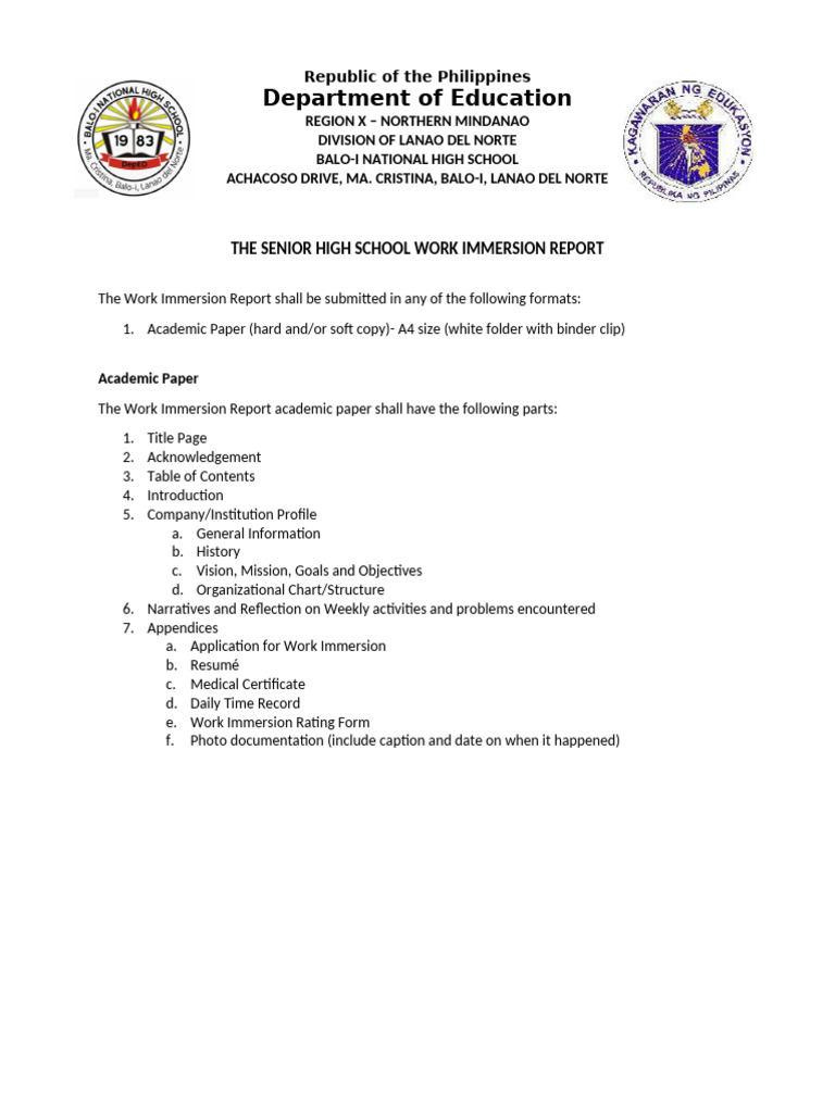 Senior High School Work Immersion Report | PDF