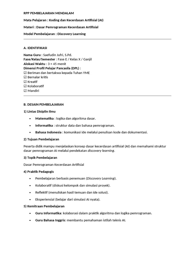 RPP Koding AI: Pembelajaran Discovery | PDF