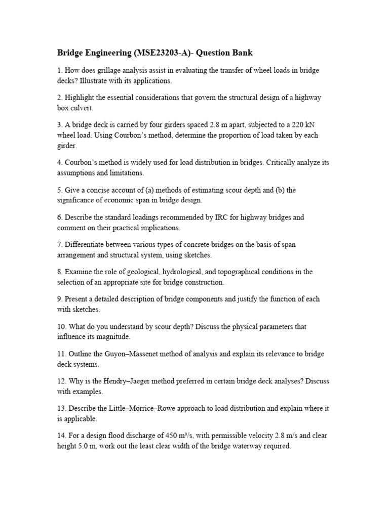 Bridge Engineering Question Bank MSE23203-A | PDF