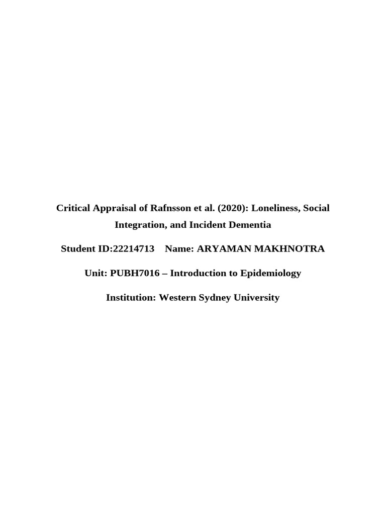 Critical Appraisal of Rafnsson Et Al. (2020) - Loneliness, Social ...