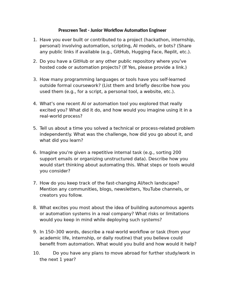 Prescreen for Junior Automation Engineer | PDF | Artificial ...