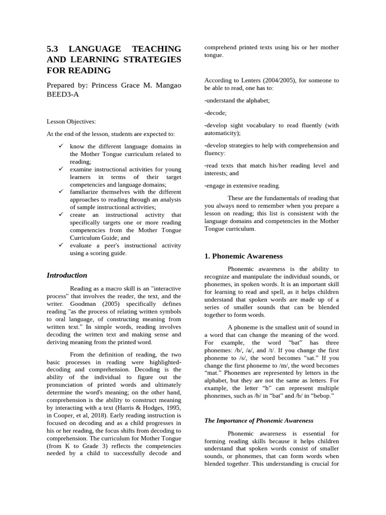 Reading Strategies for Language Learning | PDF | Phonics | Reading ...